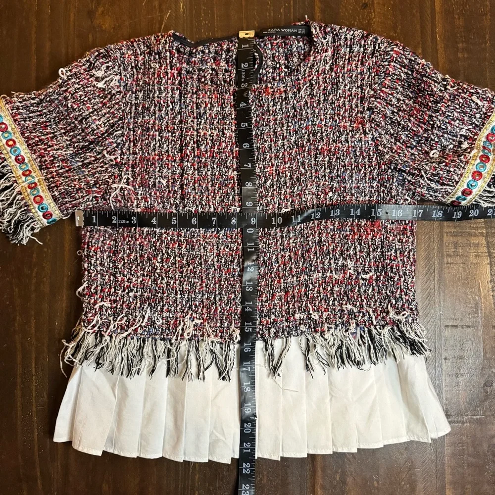 Zara Tweed Top with Pleated Detail Fringe Size XSmall